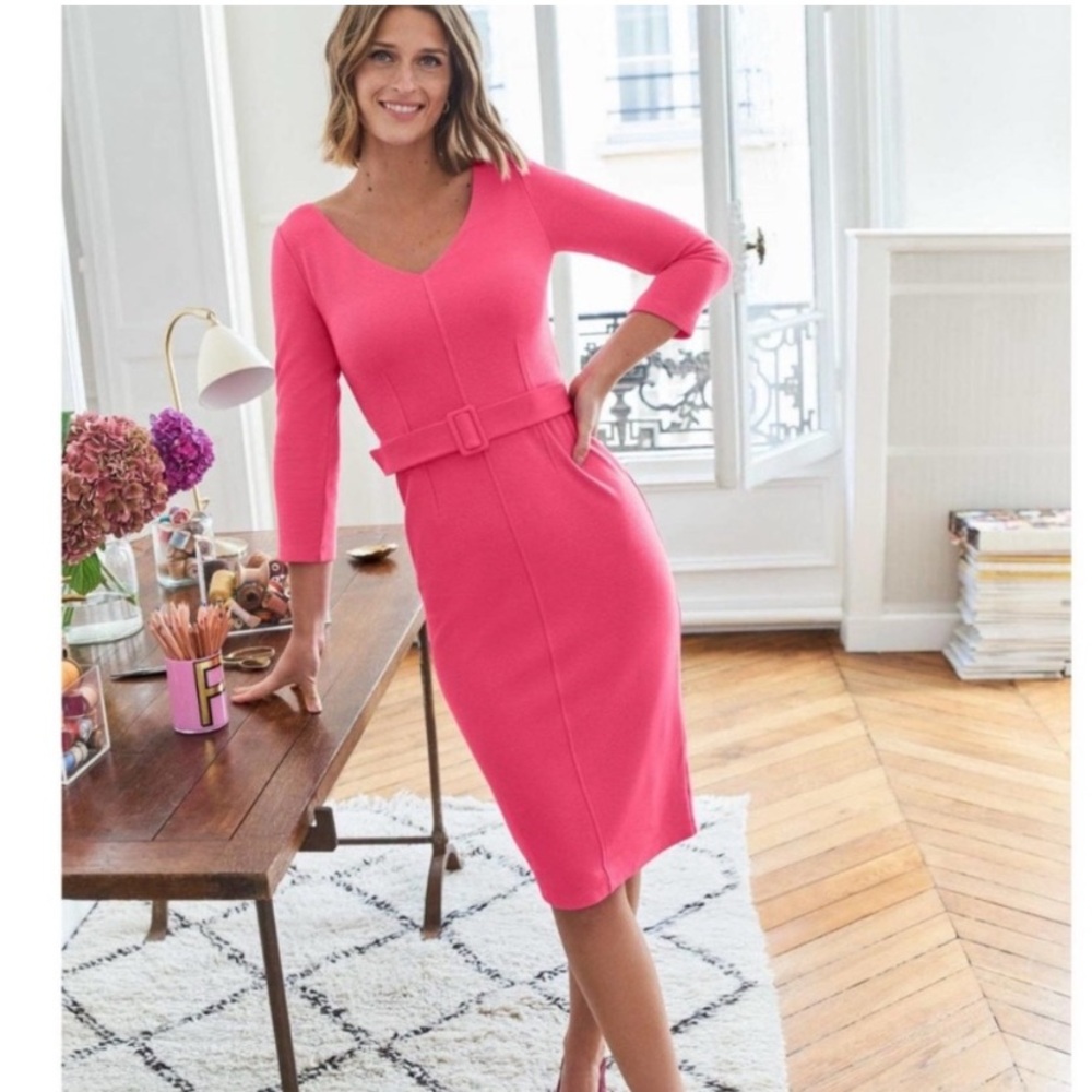 Boden Dress Margie Ottoman V-Neck Belted 3/4 Sleeve Pink Ribbed 8L (8 LONG)